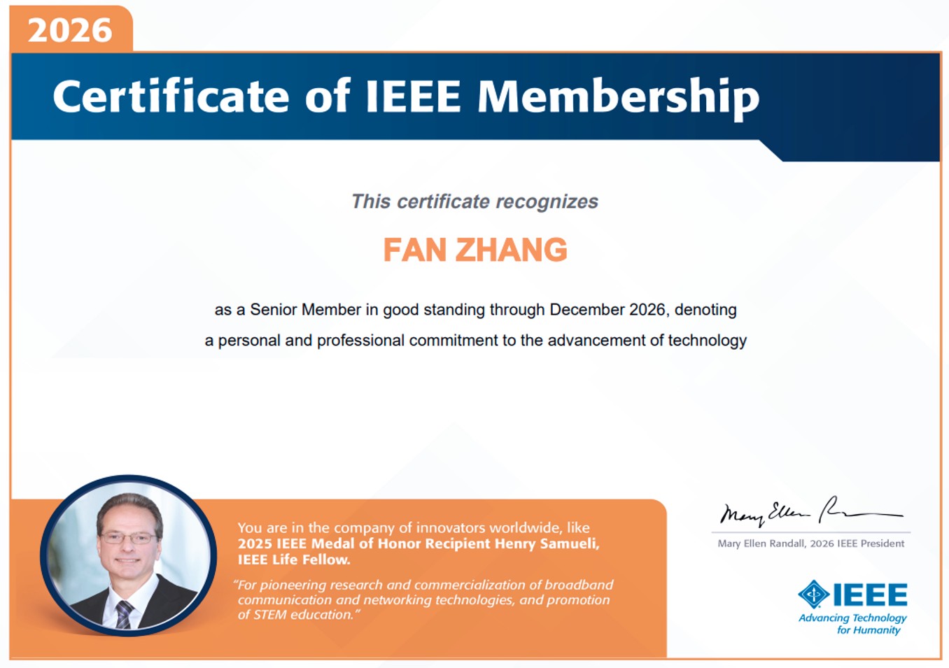 创始人当选IEEE Senior Member